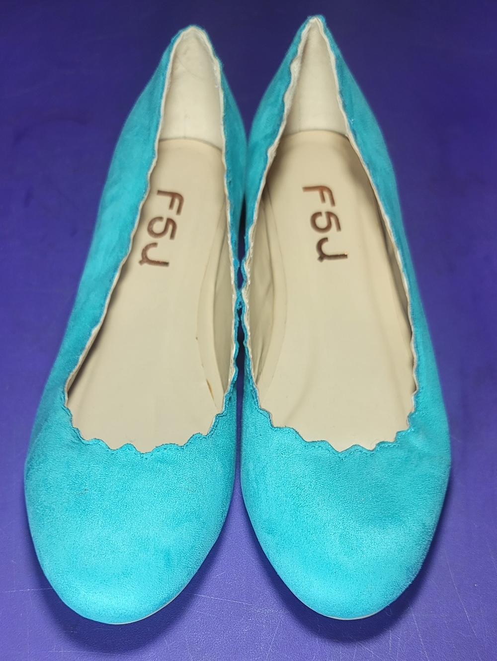 FSJ Turquoise Scalloped Suede Pointed-Toe Ballet Flat - Picture 2 of 5